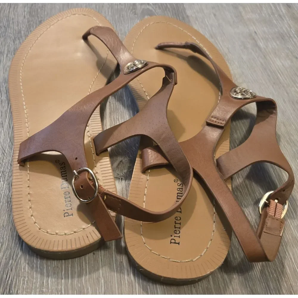 Pierre Dumas‎ Sandals Thong Brown Ankle Strap Gold Medallion Accents 9M